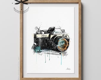 Nikon FM2 Vintage Photo Camera Art Print | Cámara Poster Retro Photo Camera Poster, Handmade, Modern Wall Decor | by Macarena Ortega | N92