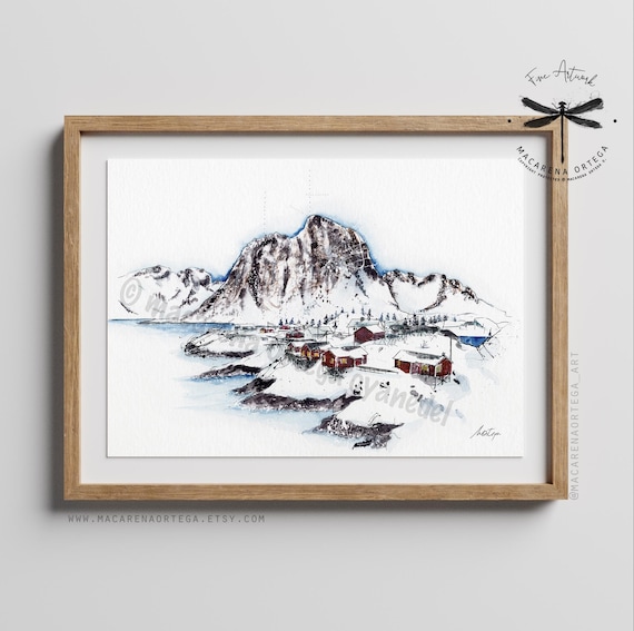 Lofoten Islands Watercolor Art Print | Moskenesøya Mountain Painting | Nordland Arctic Circle Snow Art | North Pole | Nordic Art Decor | N67