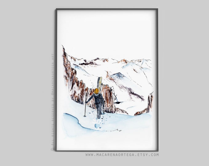 Mountain climbing ascension Montardo mountain, (69) val d aran Watercolor art print Val d'Aran Spain ski center Pirineos Winter (69)