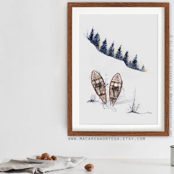 Snowshoes Vintage painting wooden print Ski watercolor Sport landscape watercolor Snowy outdoor skiing print snowy Skier art print (39)