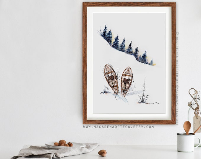 Snowshoes Vintage painting wooden print Ski watercolor Sport landscape watercolor Snowy outdoor skiing print snowy Skier art print (39)