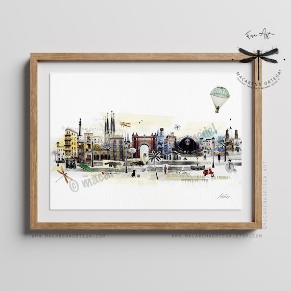 Barcelona Skyline Art Prints BCN Poster | Cityscape Collage, Modern European Art, Barcelona Travel Decor Souvenir | by Macarena Ortega | N42