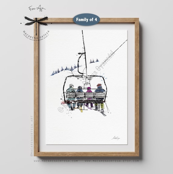 Ski Lift Family with 2 Kids Art Print – Watercolor Ski Resort Painting | Winter Sports Wall Decor | Skiing and Snowboarding Artwork