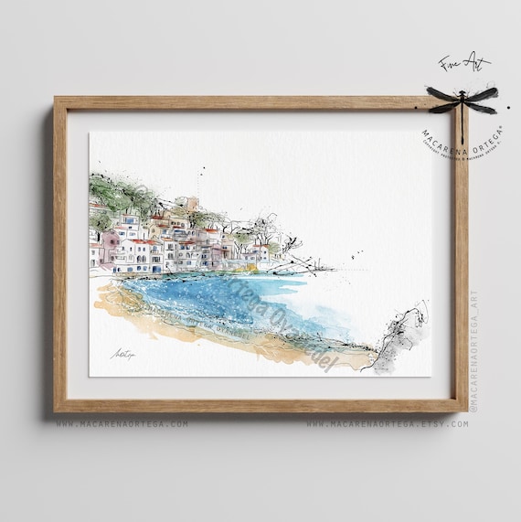 Cala Sa Tuna, Begur Watercolor Art Print | Costa Brava Decor, Mediterranean Beach Art, Spain Travel | Artwork by Macarena Ortega Art | N50