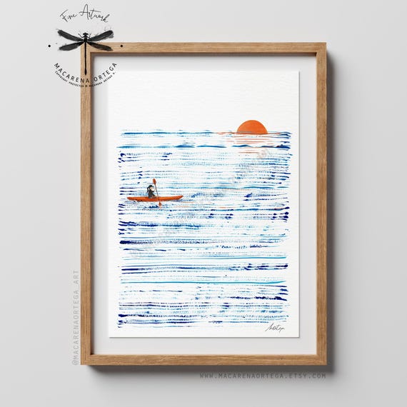 Kayaking Watercolor Artwork | Canoeing Sea Decor | Summer House Kayak Wall Art | Sports Canoe Water Navigation Art | Coastal Ocean | N118