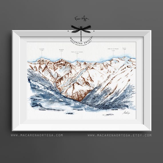 Sierra Nevada Panoramic Watercolor, Mulhacén, Veleta & Alcazaba Peaks, Andalusia Spain, Mountain Landscape Art Print, Macarena Ortega | N68