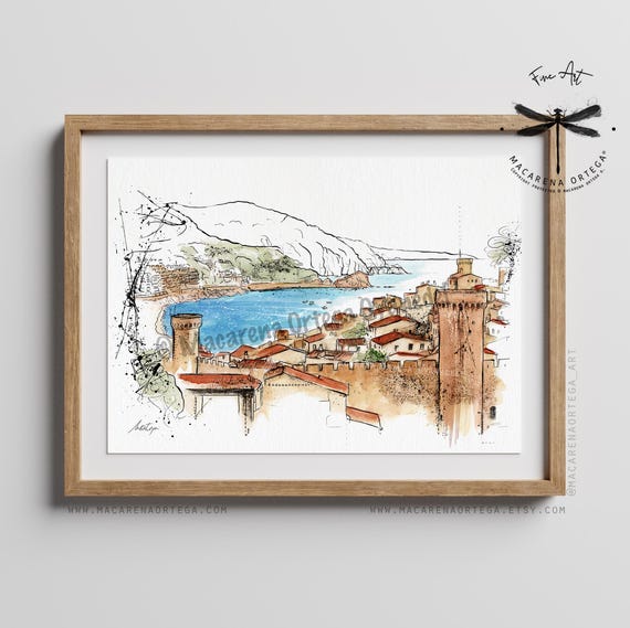 Tossa de Mar Castle Art Print | Costa Brava Watercolor, Mediterranean Beach Sketch, Spain Travel Wall Art, Barcelona Coast | Summer | N88