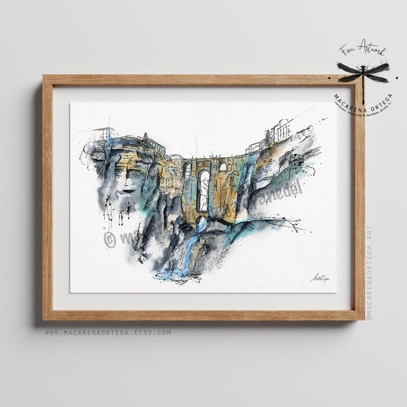 Puente Nuevo, Ronda Watercolor Art Print | Andalusia Travel Poster, Spain Architecture Illustration, Málaga Wall Art | Macarena Ortega | N96