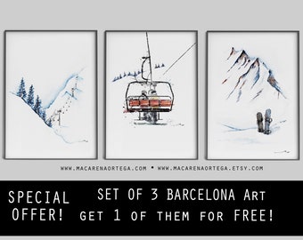 Snowboarders couple  watercolor SET of 3 prints 1 of them for free!! Special Offer home decor ski art prints ski wall art Christmas gift