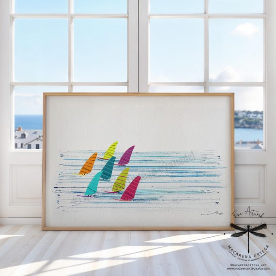 Windsurfers Watercolor Art Print | Water Sports Wall Art | Wind Surfing Poster Sea | Ocean Hobby Painting Art | by Macarena Ortega | N124