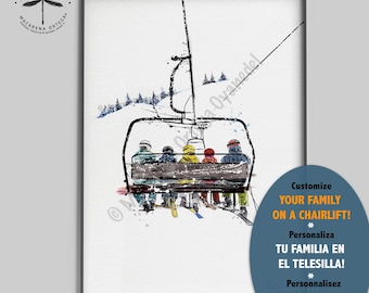 Láminas personalizadas para la familia con motivos de esquí en telesilla / Ilustraciones en acuarela, conjuntos de esquí personalizados.