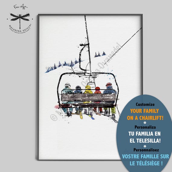 Custom Family Chairlift Ski Print | Watercolor Artwork, Personalized Ski Outfits