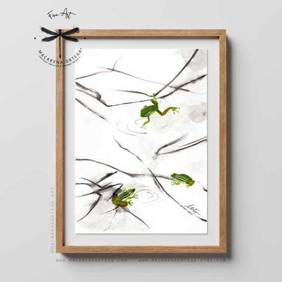 Green Tree Frog Watercolor Art Print, Tropical Frog Wall Art, Japanese Inspired Nature Decor, Minimalist Wildlife Painting | N209