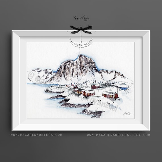Lofoten Islands Watercolor Art Print | Moskenesøya Mountain Painting | Nordland Arctic Circle Snow Art | North Pole | Nordic Art Decor | N67