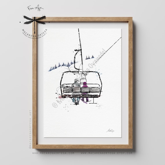 Parent and Child in chairlift watercolor art print chairlift painting Skiers Ski lift art skis print Sport skiing ski resort mountain decor