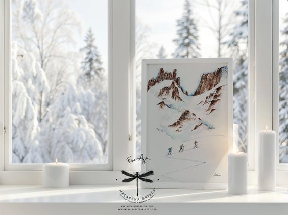 Backcountry Skiing Watercolor Art Print | Mountain Skiing Wall Art, Alpine Snow Decor | Handmade Art | Artwork by Macarena Ortega | N23