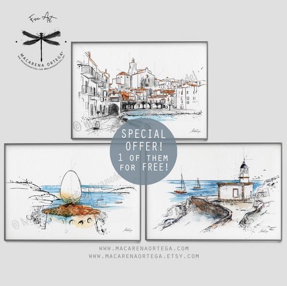SET of 3 Cadaqués prints 1 of them for free!! SPECIAL OFFER!! Cadaqués painting, Dalí house, and lighthouse of Cadaqués