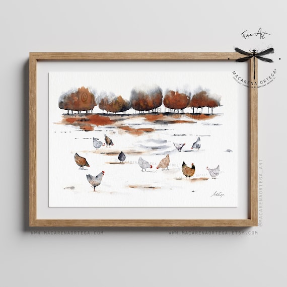 Hens and Autumn Watercolor Art Print | Chickens Kitchen art, Minimalist Farm Animal Cozy Home Decor, Rustic Style, Gift for Grandma | N177
