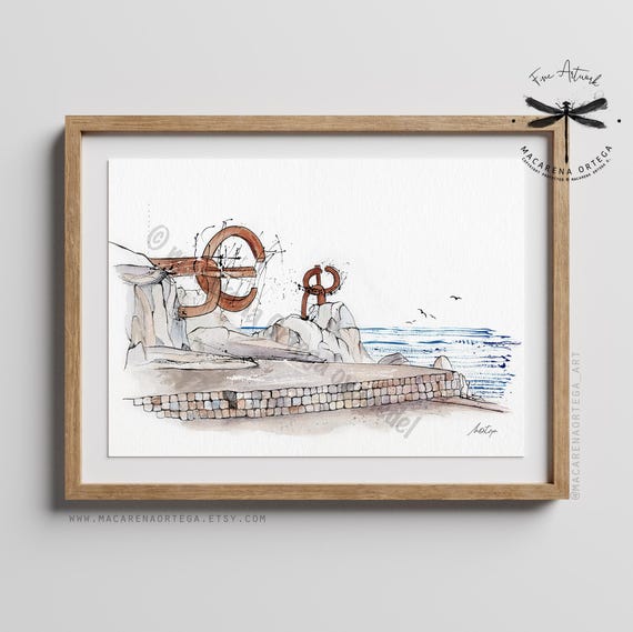 The Comb of the Wind Watercolor Art Print | Chillida Sculpture, Donostia, Basque Country, La Concha Bay | Handmade by Macarena Ortega | N112
