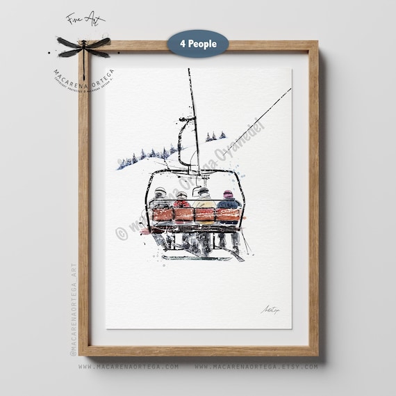 4 Friends on Chairlift – Watercolor Ski Lift Art Print | Skiers and Snowboarders Painting | Après Ski Wall Art | Rustic Ski Resort Decor
