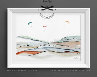 Paragliding, Watercolor Art Print, Paragliding Artwork, Outdoor Adventure Wall Art, by Macarena Ortega | N123