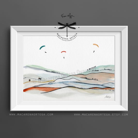Paragliding Watercolor Art Print | Paraglider Flying | Outdoor Adventure| Parachuting Lovers | Paragliding Artwork by Macarena Ortega | N123