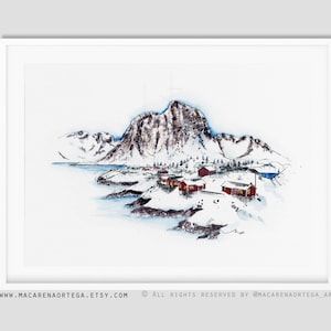 Aquarelle des Lofoten, Norvège, peinture Moskenesøya Mountain impression d'art Nordland Nº67 Art de la neige du cercle arctique Impression d'art du pôle Nord 67 image 1