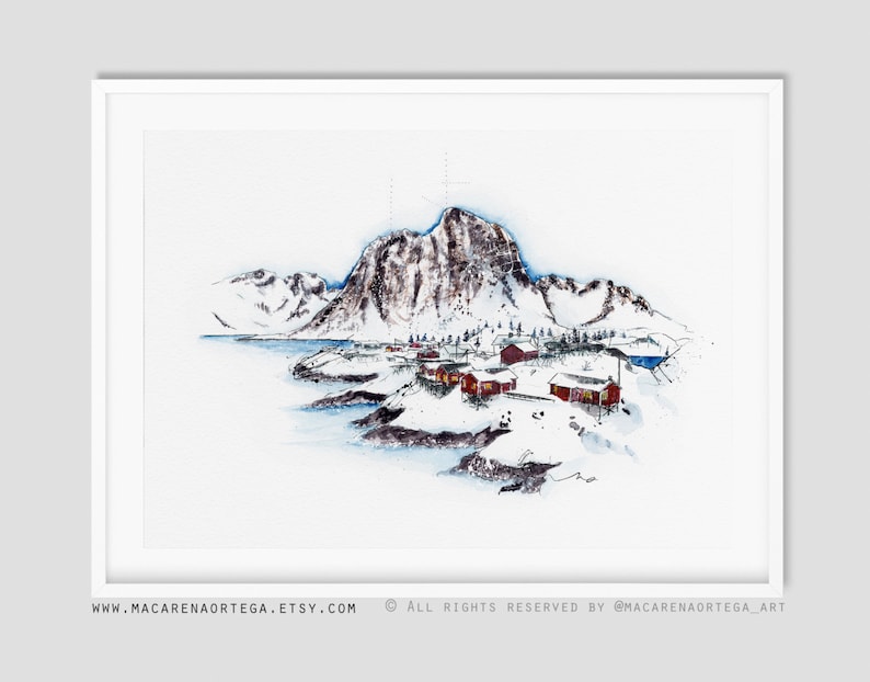 Aquarelle des Lofoten, Norvège, peinture Moskenesøya Mountain impression d'art Nordland Nº67 Art de la neige du cercle arctique Impression d'art du pôle Nord 67 image 1