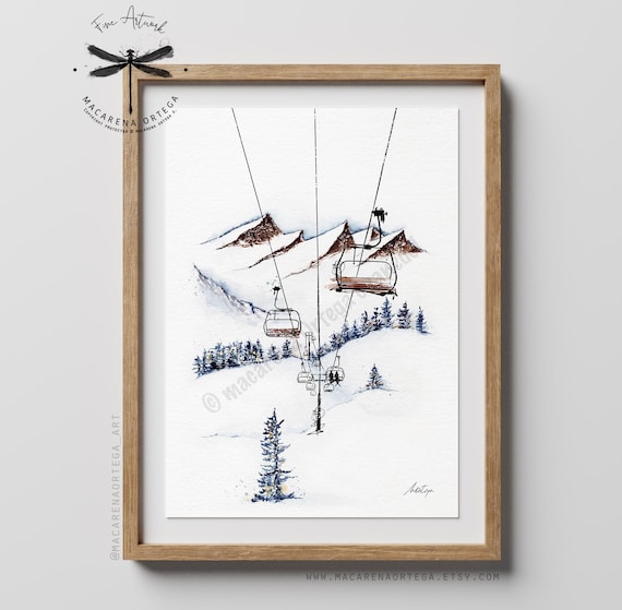 Chairlift Watercolor Art Print | Ski Lift Station Painting | Ski Wall Art | Ski Lover | Ski Resort Decor Snow Sport | Macarena Ortega | N60