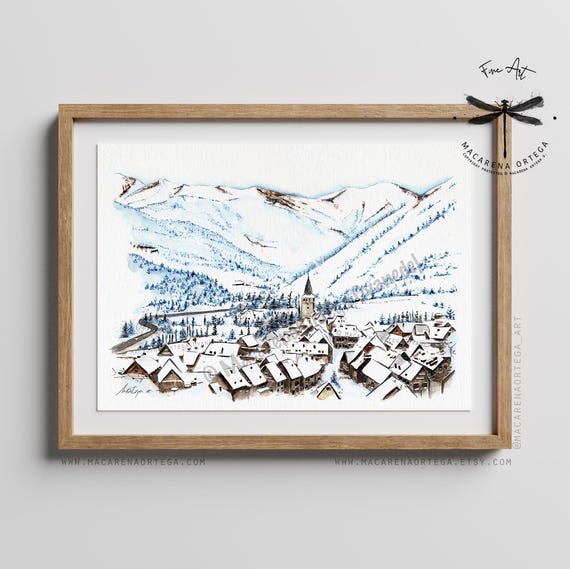 Garòs Watercolor Art Print | Valle de Aran Pyrenees, Mountain Town Painting Ski Center Spain, Winter Village Pirineos Print | Ski Art | N147
