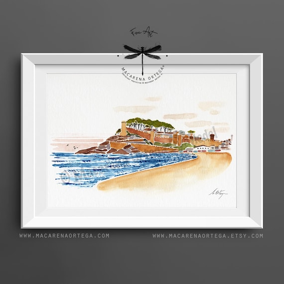 Tossa de Mar Watercolor Art Print | Costa Brava coast, Mediterranean village, Modern minimalist seaside, Colorful coastal wall art | N175