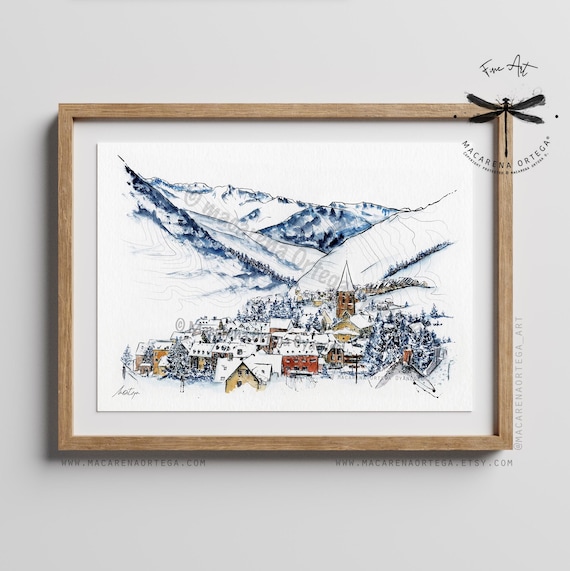 Salardú Watercolor Art Print | Valle de Aran Mountain Naut Aran Town Val d'Aran Spain Ski Print Winter Village Pirineos | Winter Decor | N84