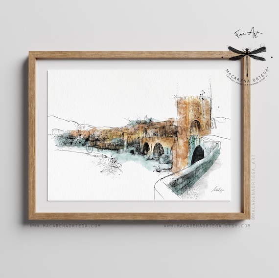 Besalú Watercolor Art Print | Medieval Town Illustration, La Garrotxa Girona Sketch, Catalonia Spain Travel Art | Macarena Ortega Art | N90