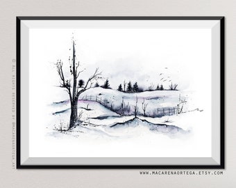 Landscape painting Watercolor (Nº57) print rustic snowy forest art print snow landscape Winter nature (57)