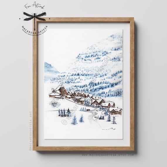 Tredós Watercolor Art Print | Valle de Aran Pyrenees Mountain Artwork Ski Art Resort Spain Pirineos Village Print |  Macarena Ortega | N106