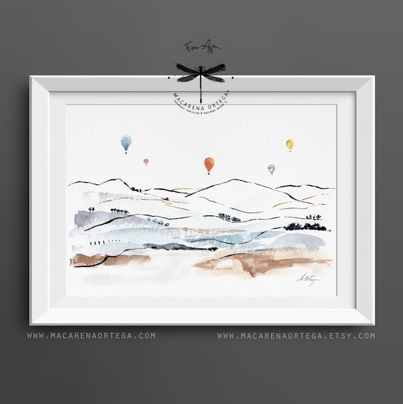 Hot Air Balloons Watercolor Art Print | Minimalist Landscape | Neutral Wall Decor | Countryside Artwork | by Macarena Ortega | N25