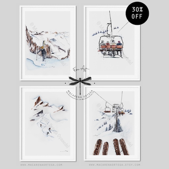 Ski watercolor SET of 4 Prints 30% OFF Special Offer Mountain home decor winter decor art prints wall gift POW Artwork by Macarena Ortega