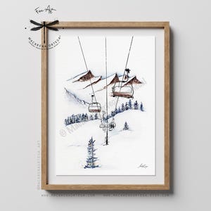 Chairlift Watercolor Art Print | Ski Lift Station Painting | Ski Wall Art | Ski Lover | Ski Resort Decor Snow Sport | Macarena Ortega | N60