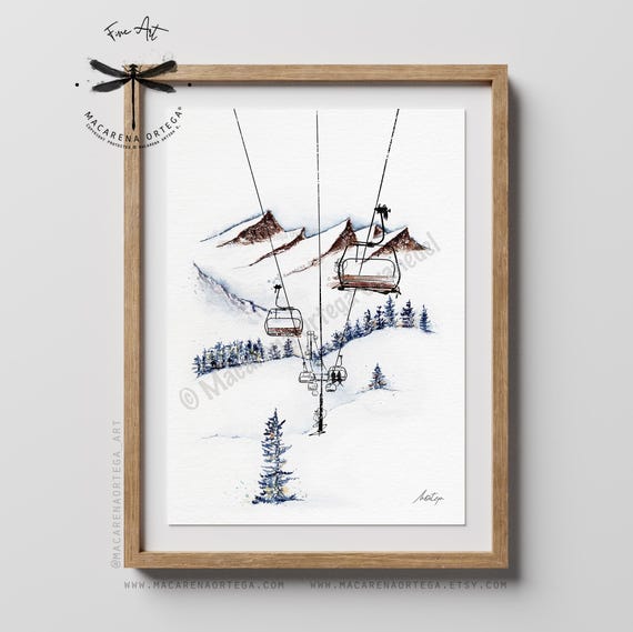 Chairlift Watercolor Art Print | Ski Lift Station Painting | Ski Wall Art | Ski Lover | Ski Resort Decor Snow Sport | Macarena Ortega | N60