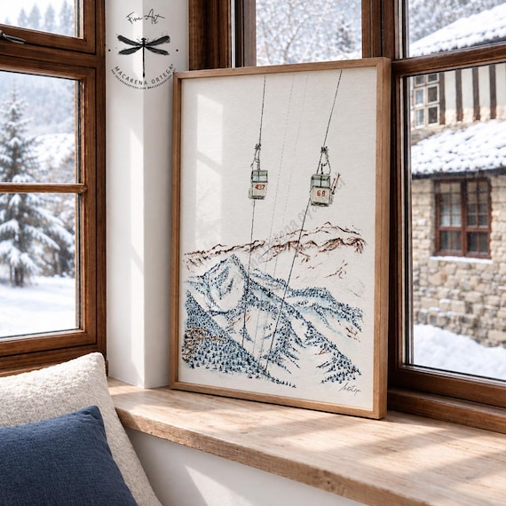 Vintage Verbier Gondola, Watercolor Art Print, Switzerland Alps Ski Resort, by Macarena Ortega | N143