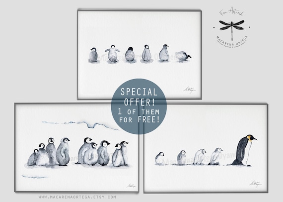 Penguin Watercolor Art Prints Set of 3 one of them FREE | Minimalist Nordic Animal Nursery Decor, Winter Wildlife Wall, by Macarena Ortega