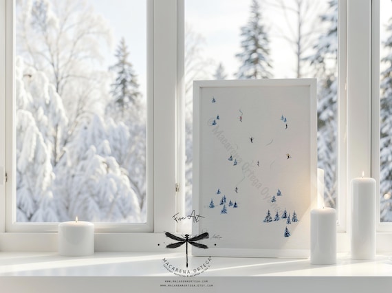 Tiny Skiers and Snowboarders Aerial View Watercolor Art Print by Macarena Ortega | Ski Lovers Decor | Sport Painting | Winter Skiing | N76