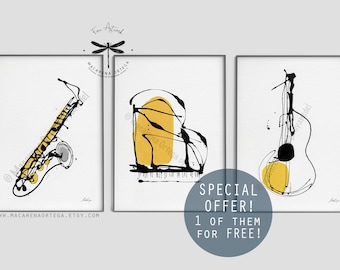 Jazz Instruments Collection, Set of 3 Art Prints, Piano, Saxophone & Guitar, Minimalist Jazz Wall Art, by Macarena Ortega