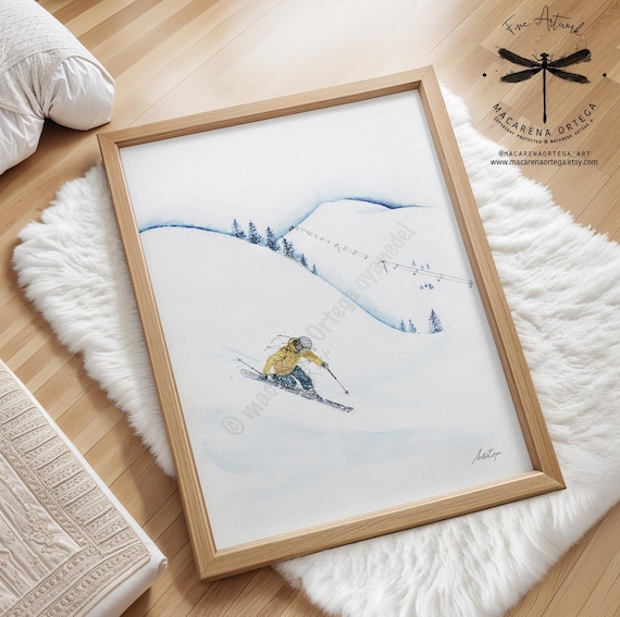 Telemark Skier POW Watercolor Art Print | Powder Freerider Skiing Poster | Ski Lovers Snowy Painting | Alps Ski Artwork | Ski prints | N53