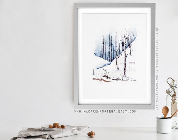 Snowy trees painting Watercolor print Mountain snowy forest art print snow landscape Winter nature |N05
