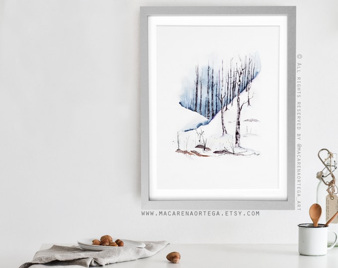 Snowy trees painting Watercolor (Nº05) print Mountain snowy forest art print snow landscape Winter nature (05)