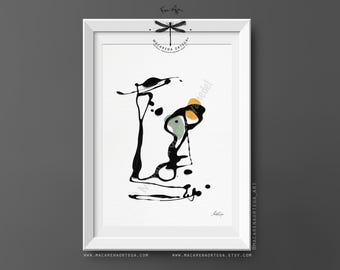 May include: Abstract art print in a white frame. The artwork features black, yellow, and green brushstrokes on a white background. The artist's signature is visible at the bottom. The frame is rectangular and has a white border. The artwork is a modern piece.