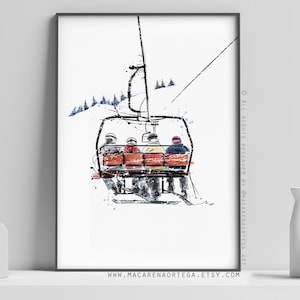 4 Friends in Skilift art print chairlift watercolor Skier (N72/78/101/28) Ski lift art skis print snowboarder Sport skiing ski resort