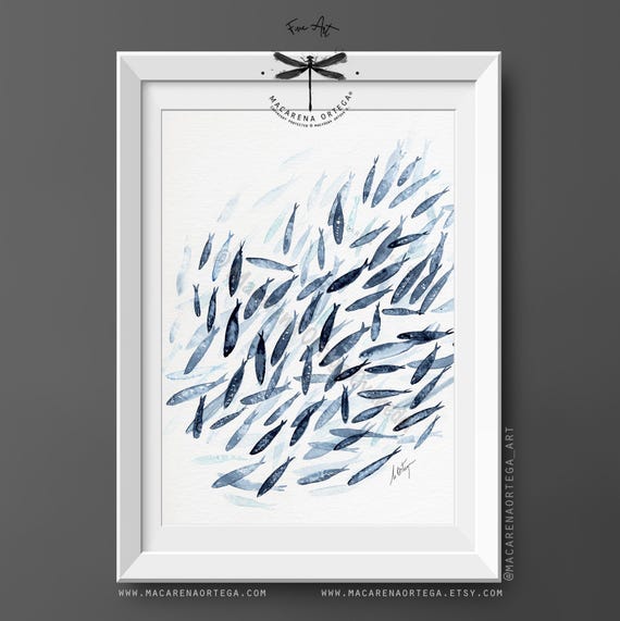 School of Fish, Watercolor Art Print, School of Sardines,Coastal Wall Art, Nautical Decor, by Macarena Ortega | N86