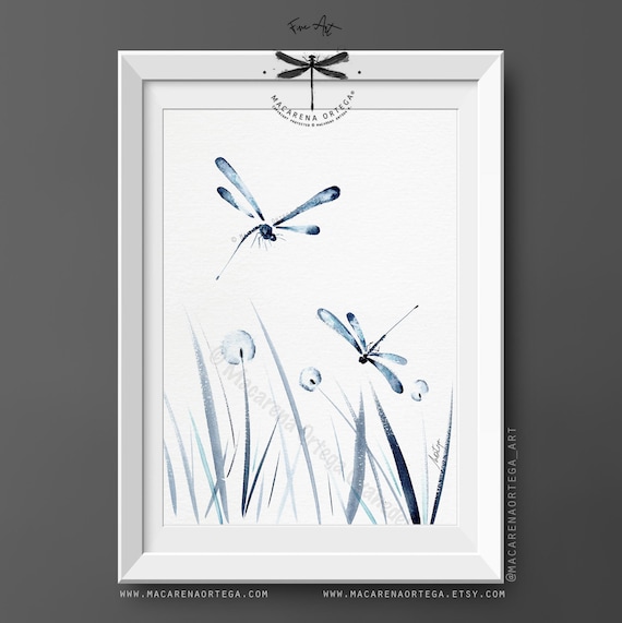 Blue Dragonfly Watercolor, Art Print, Dragonfly Wall Decor, Botanical Nature Painting, Cottagecore Home Decor, Art by Macarena Ortega | N121
